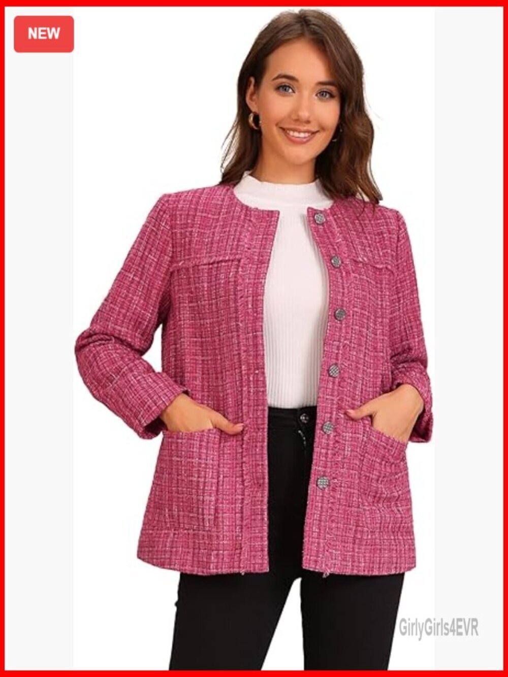 Tweed Blazer Collarless Fringed Trim Business Casual Jacket XS